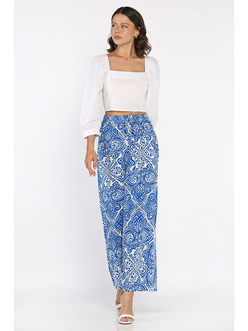 Mavi Kadın Bel Lastikli Desenli Viskon Yürüyüş Pantolonu-1