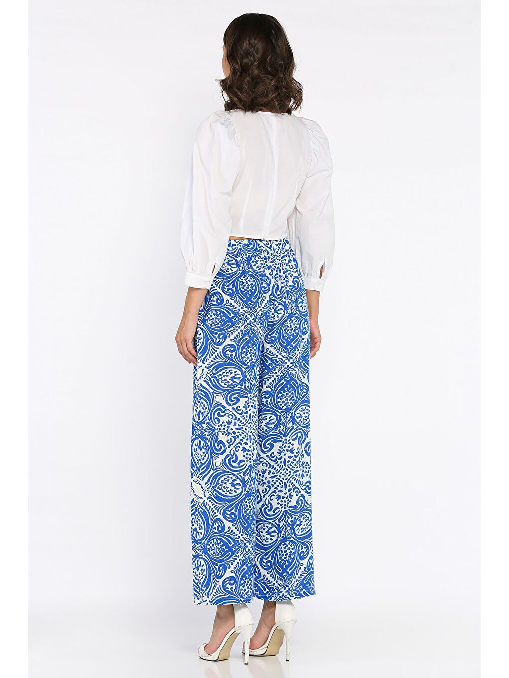 Mavi Kadın Bel Lastikli Desenli Viskon Yürüyüş Pantolonu-2