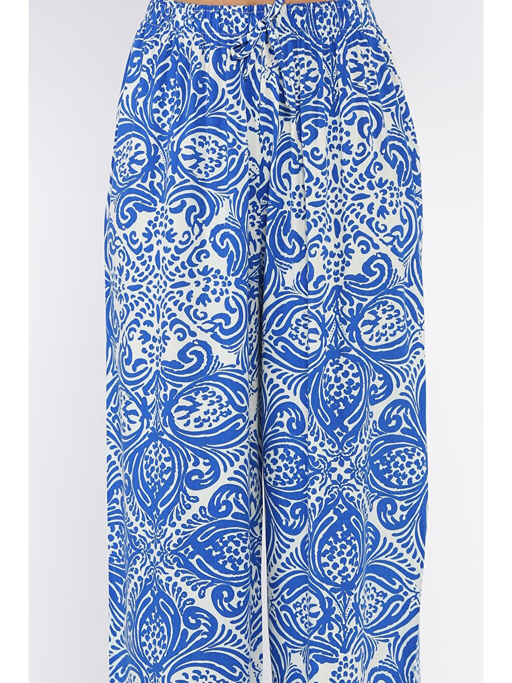 Mavi Kadın Bel Lastikli Desenli Viskon Yürüyüş Pantolonu-3