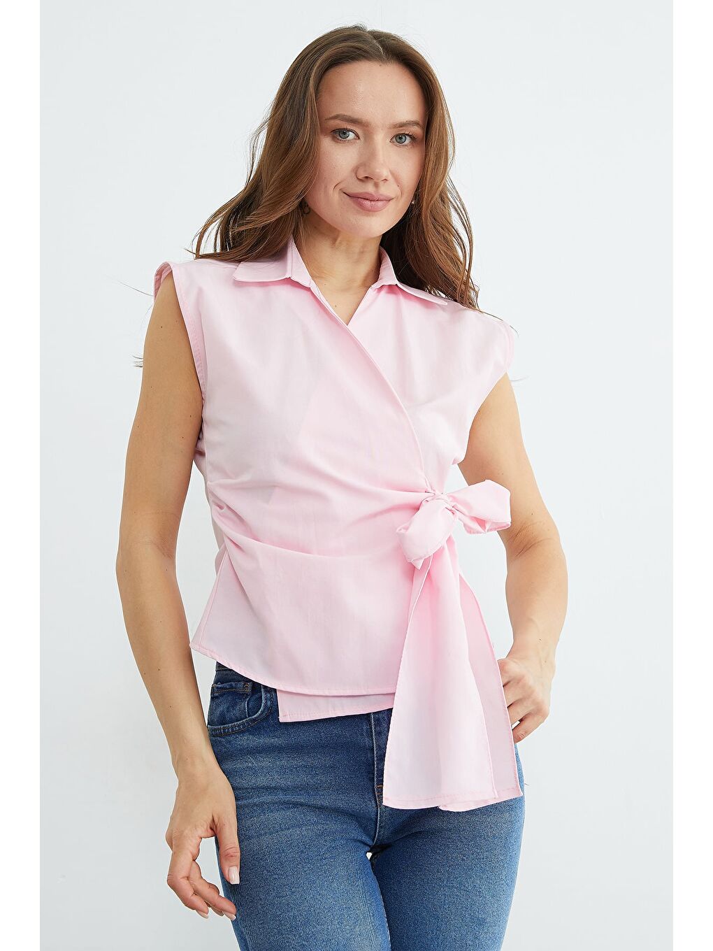 Pembe Yandan Bağlamalı Drapeli Kruvaze Yaka Gömlek-1