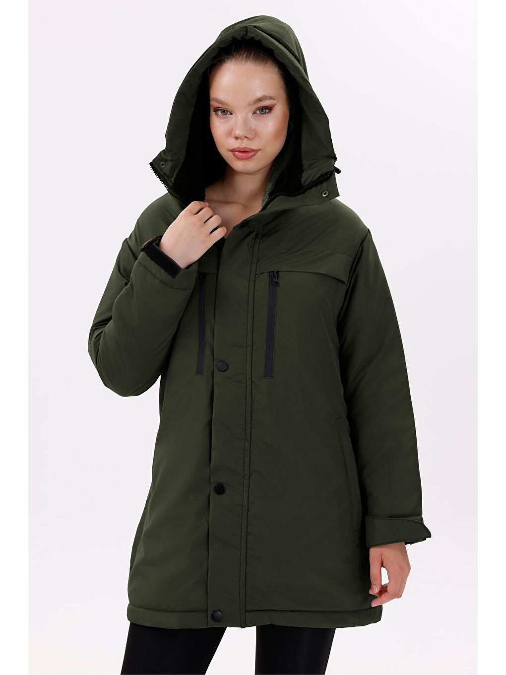 Haki Kadın Polarlı Kürklü Su Ve Rüzgar Geçirmez Kapüşonlu Kışlık Mont & Kaban & Parka-3