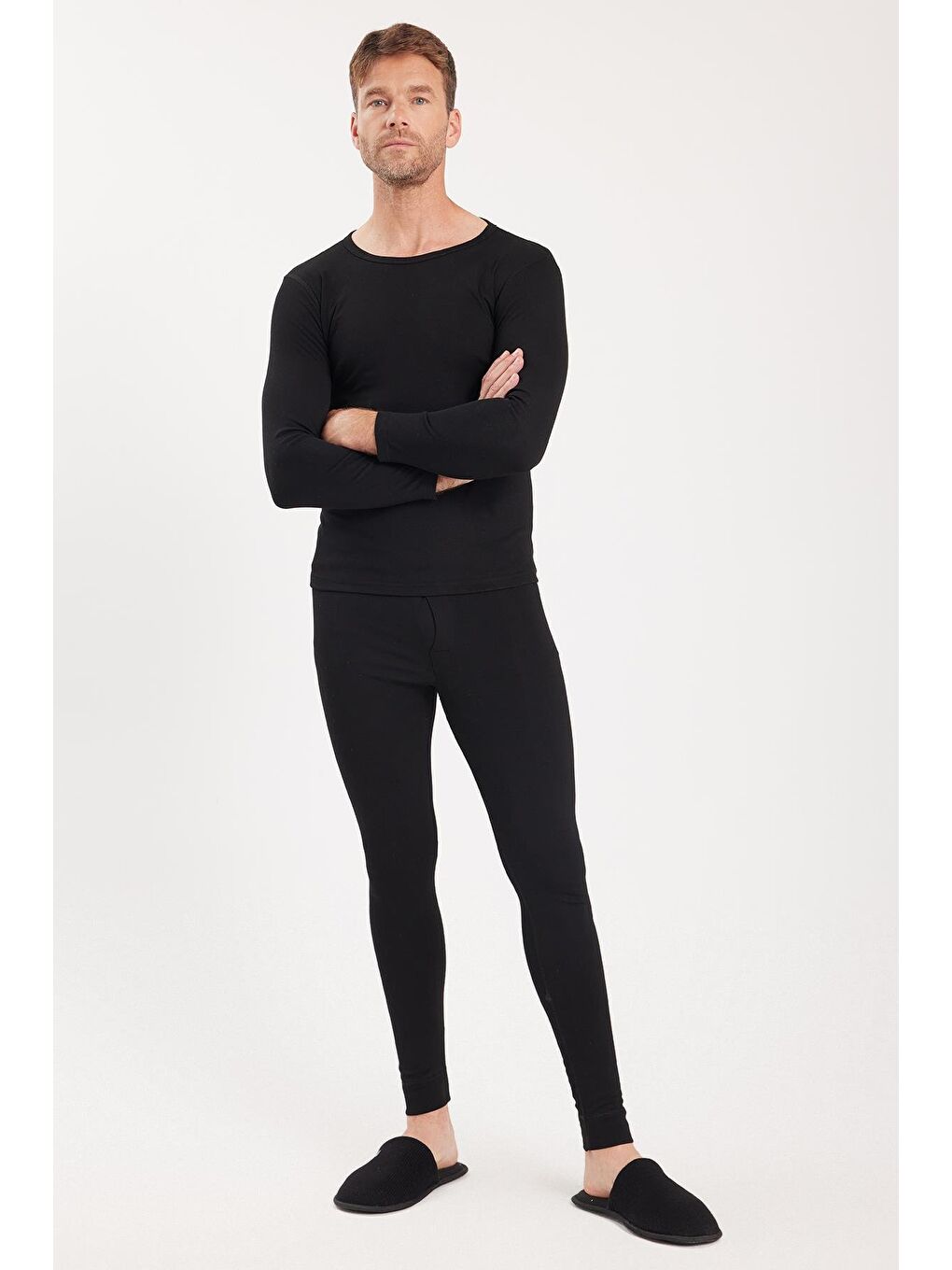 Erkek Slim Fit Dar Kesim Bisiklet Yaka Siyah Termal Alt Üst Takım-3