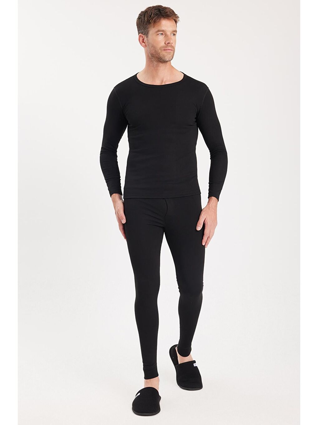 Erkek Slim Fit Dar Kesim Bisiklet Yaka Siyah Termal Alt Üst Takım-4