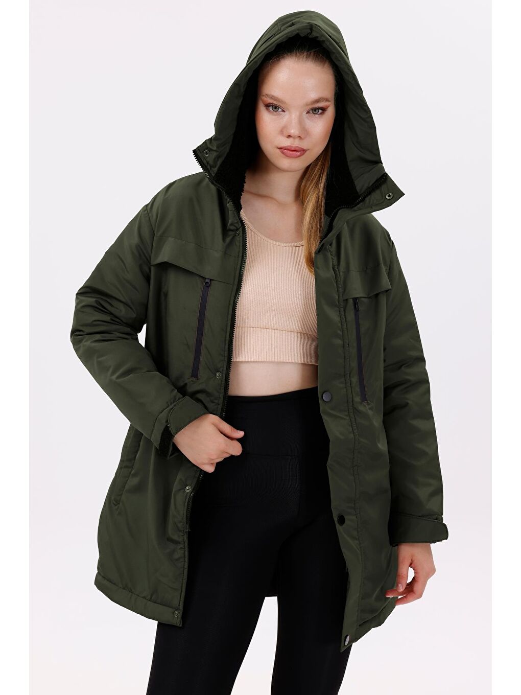 Haki Kadın Polarlı Kürklü Su Ve Rüzgar Geçirmez Kapüşonlu Kışlık Mont & Kaban & Parka-4