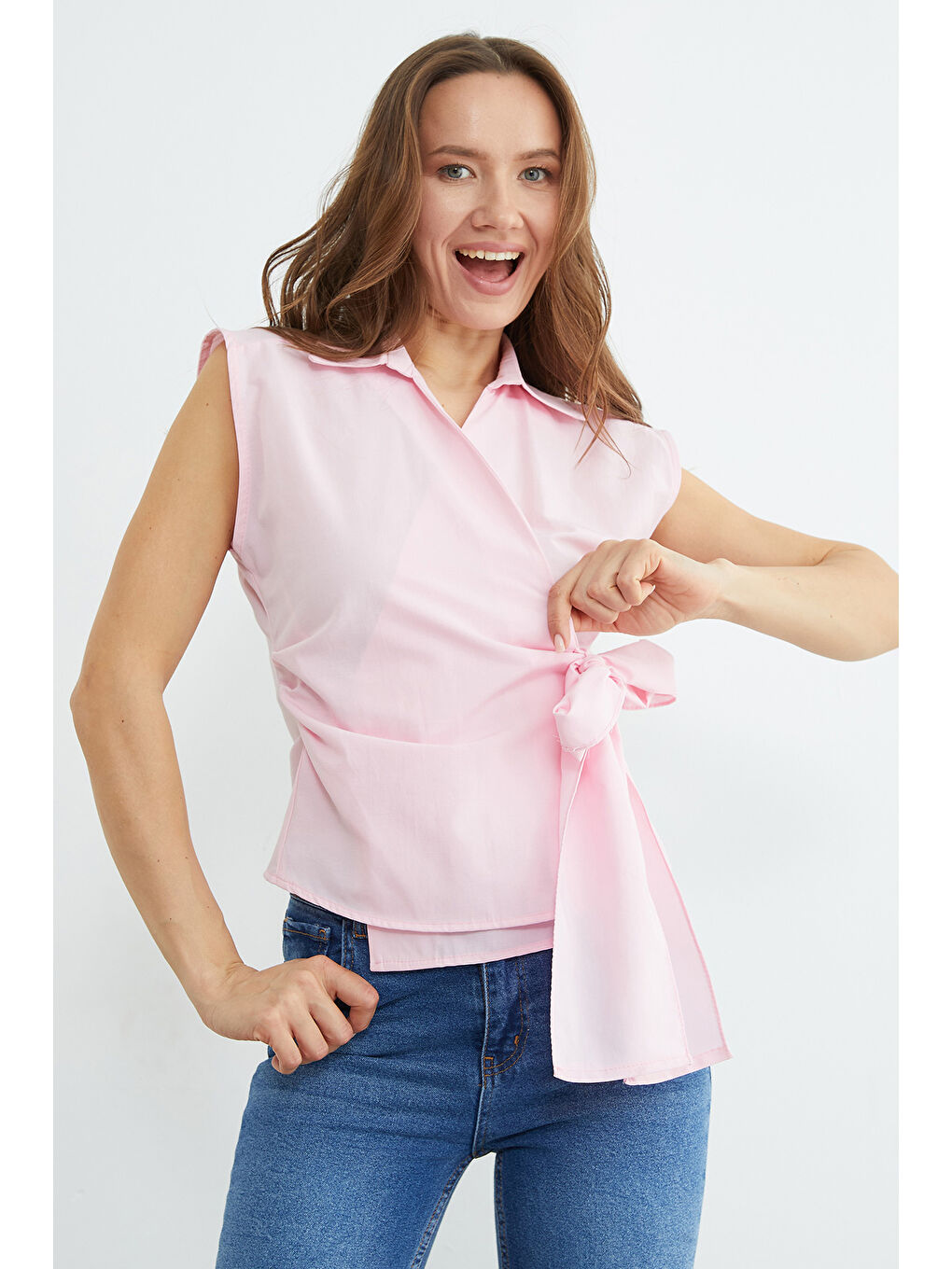 Pembe Yandan Bağlamalı Drapeli Kruvaze Yaka Gömlek-2