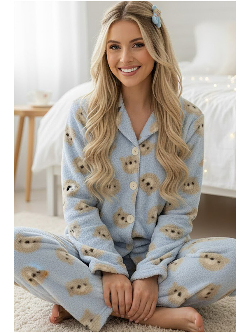 Mavi Ayıcık Desenli Düğmeli Wellsoft Pijama Takım 7922