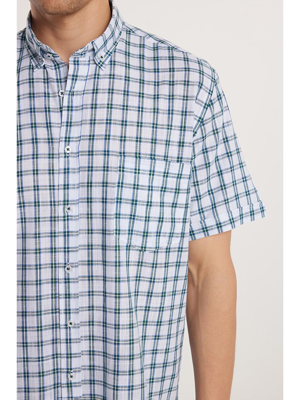 Mavi Erkek Regular Fit Klasik Kesim %100 Pamuk Keten Doku Tek Cepli Kareli Kısa Kollu Düğmeli Yaka Gömlek-2