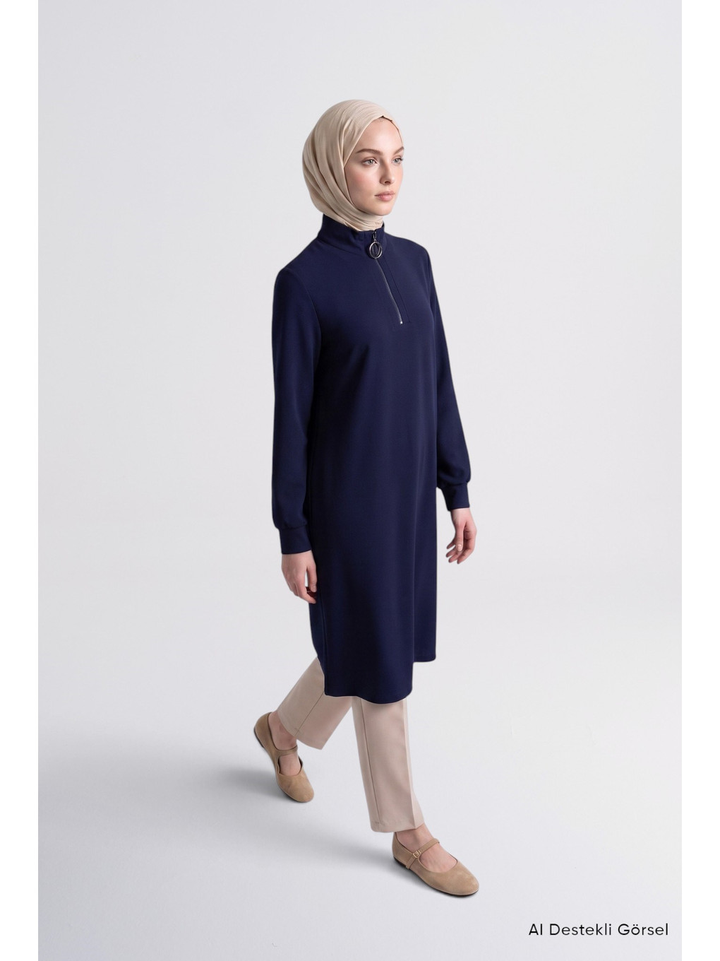 Fermuar Detaylı Basic Tunik Lacivert
