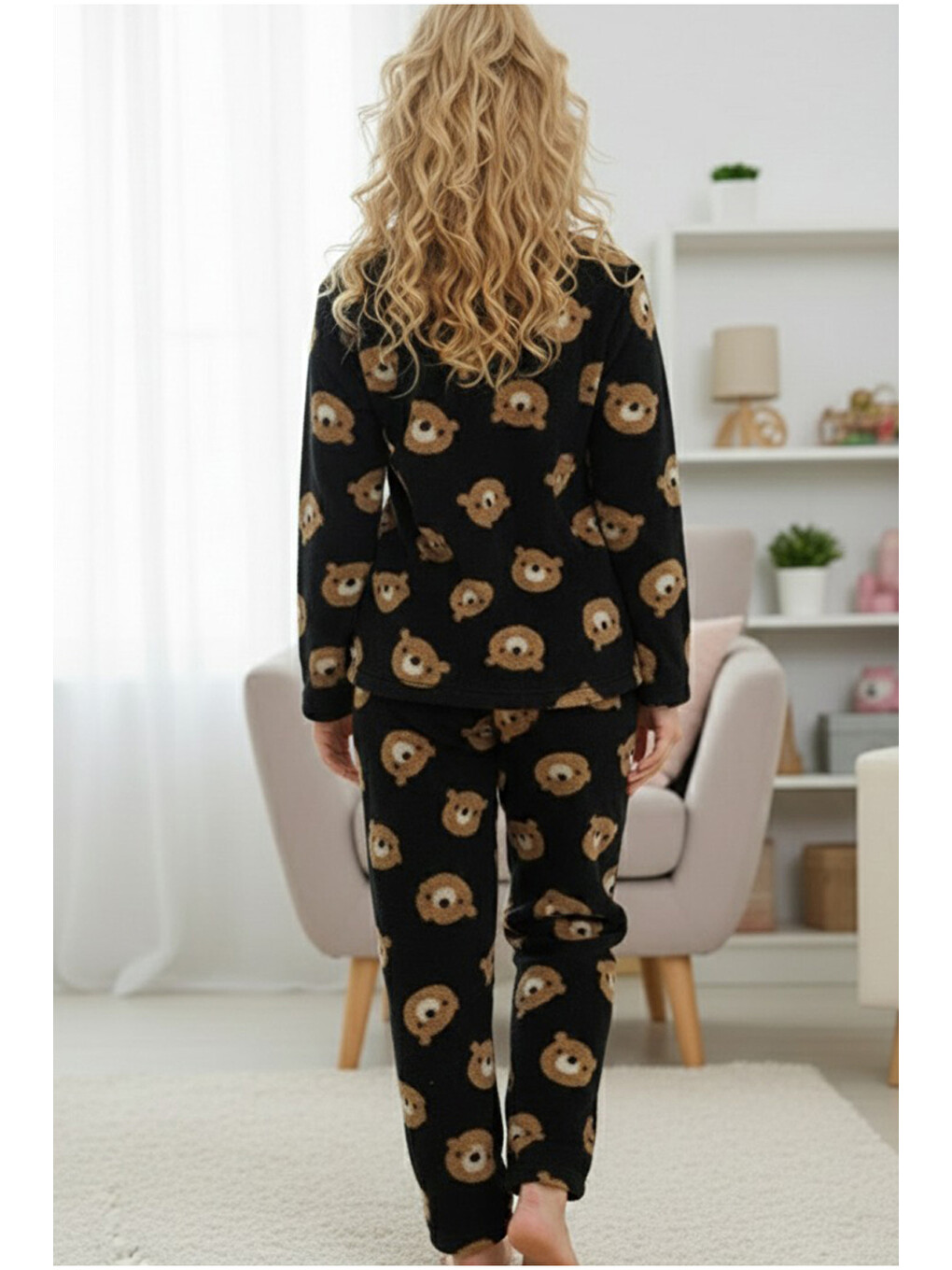 Siyah Ayıcık Desenli Düğmeli Wellsoft Pijama Takım 7922-2