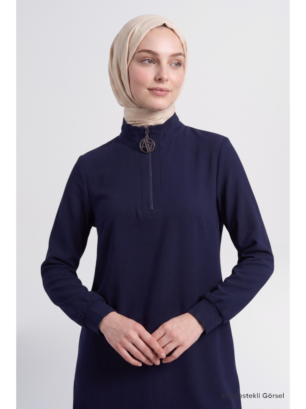 Fermuar Detaylı Basic Tunik Lacivert-1