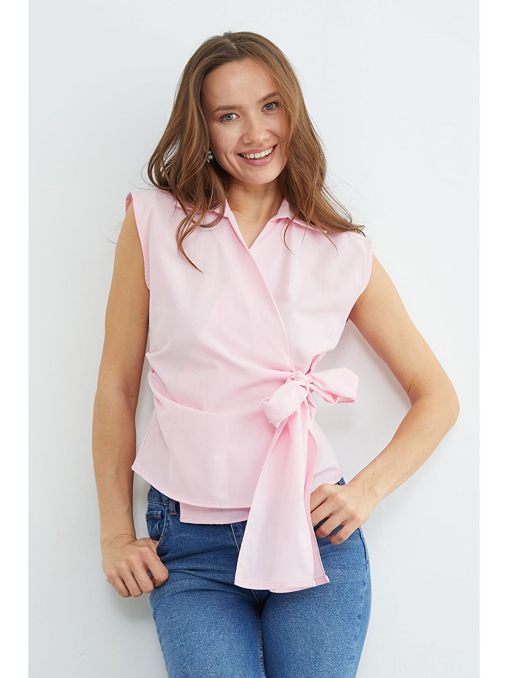 Pembe Yandan Bağlamalı Drapeli Kruvaze Yaka Gömlek-4