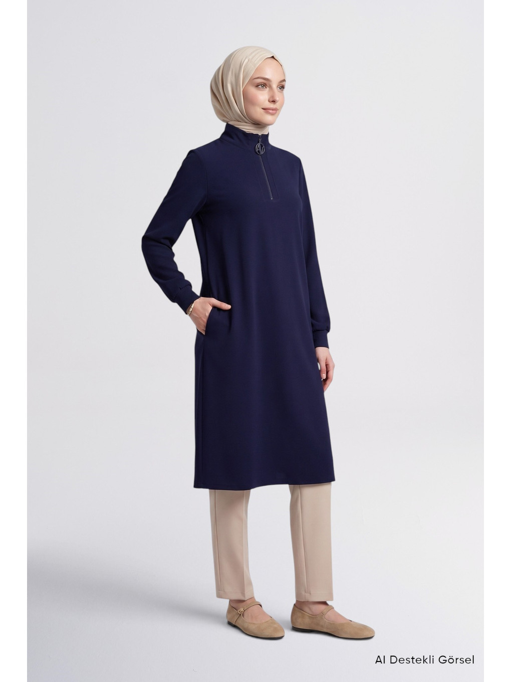 Fermuar Detaylı Basic Tunik Lacivert-2