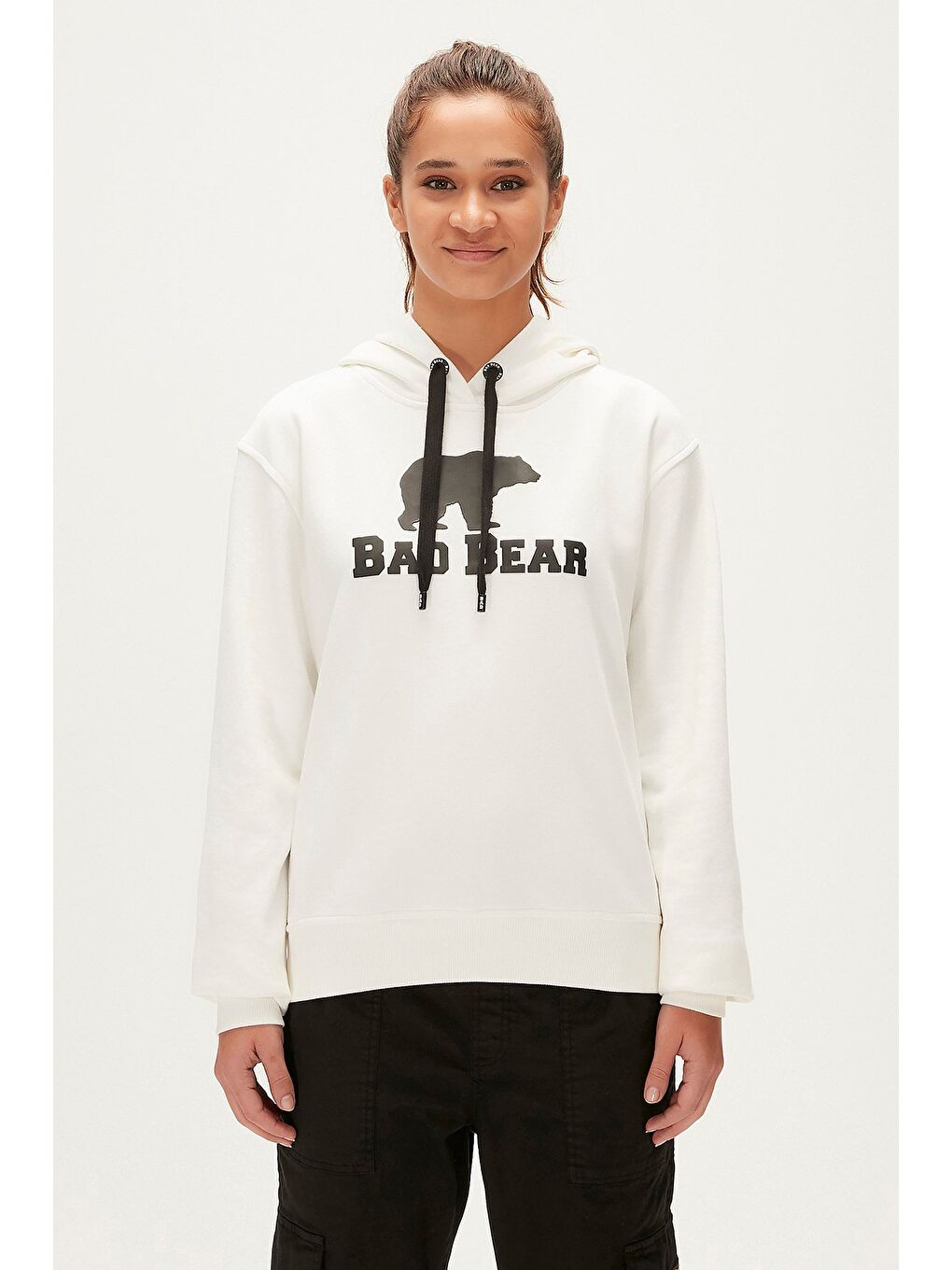 Bad Bear Beyaz Logo Hoodie Off White Beyaz Baskılı Kapüşonlu Kadın Sweatshirt