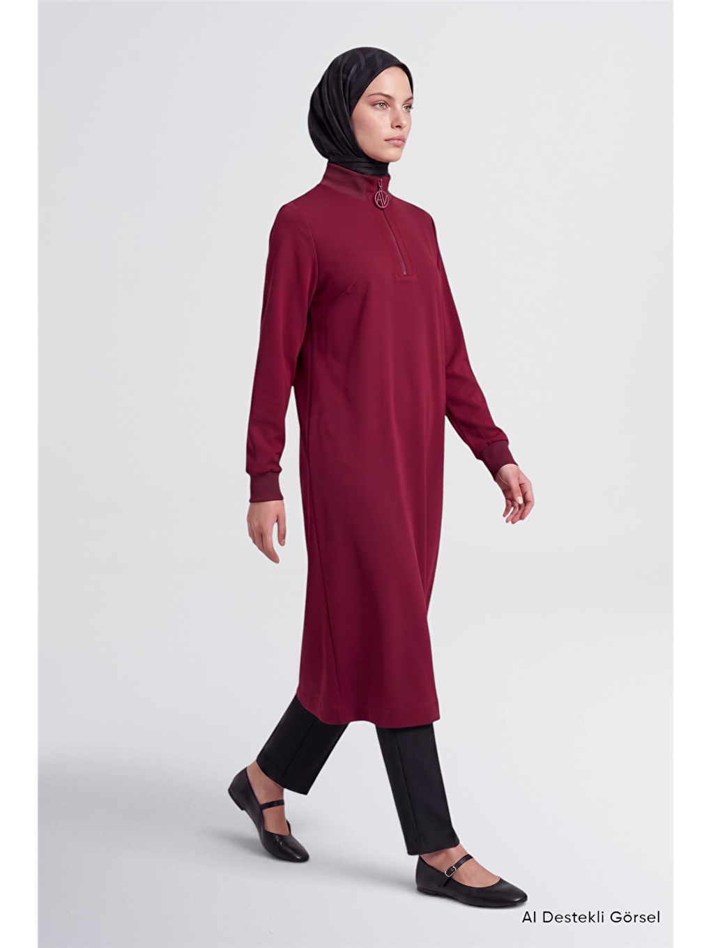 Fermuar Detaylı Basic Tunik Bordo-1