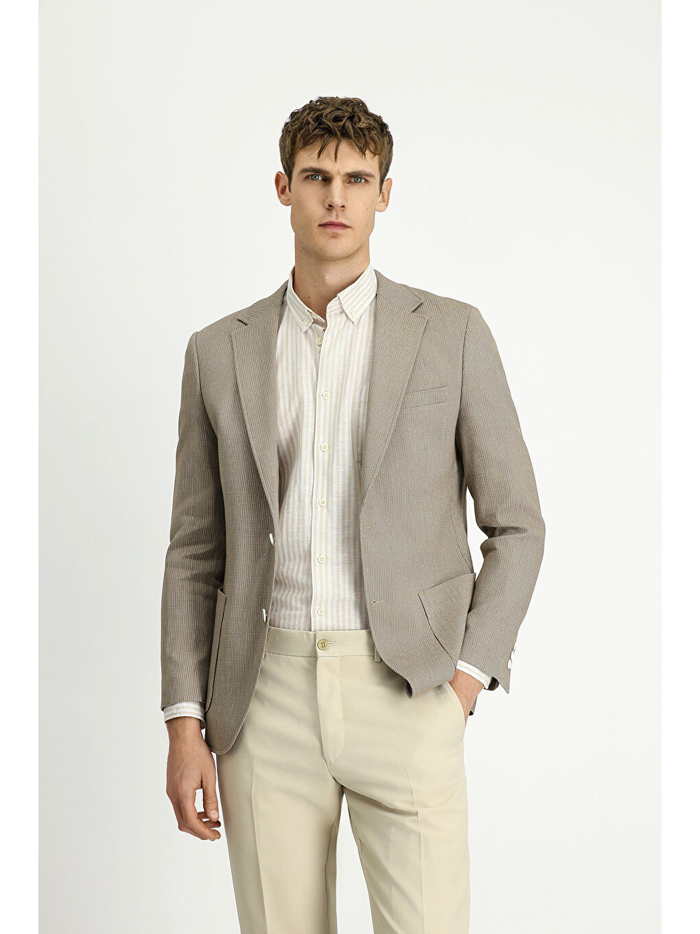 Bej Slim Fit Dar Kesim Keten Karışımlı Çizgili Spor Ceket