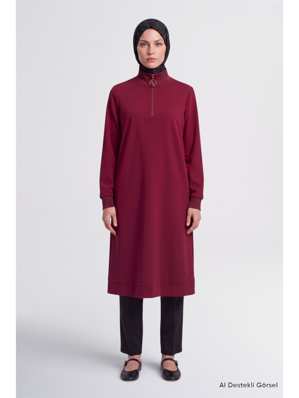 Fermuar Detaylı Basic Tunik Bordo-2