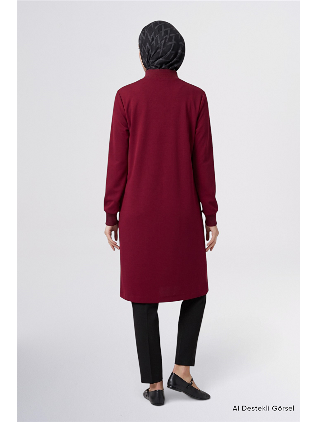 Fermuar Detaylı Basic Tunik Bordo-3