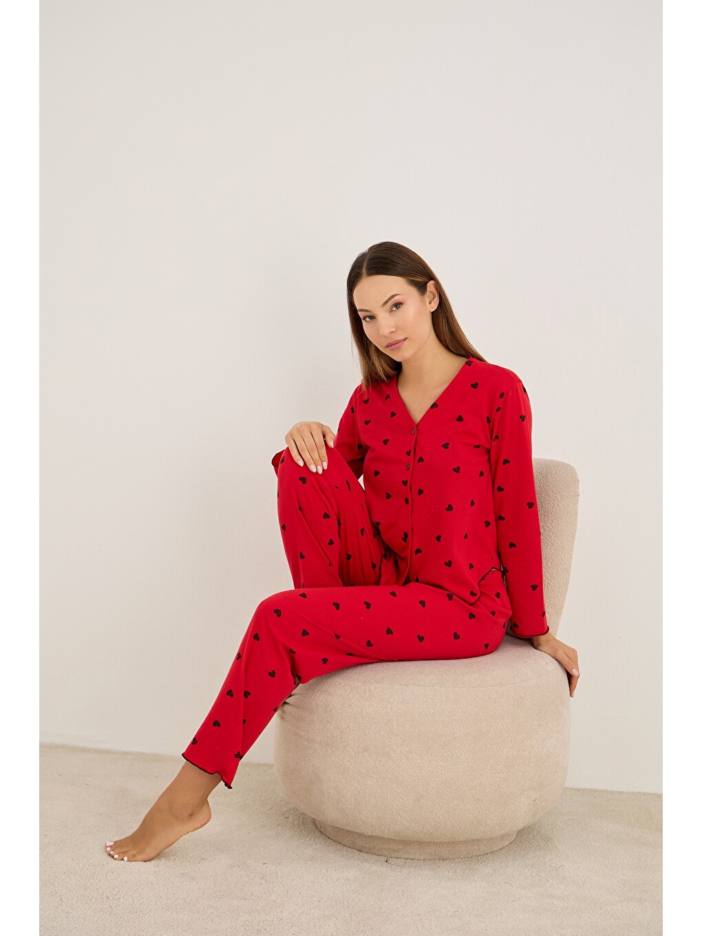 Kırmızı Uzun Kollu Düğmeli Pijama Takım 7936