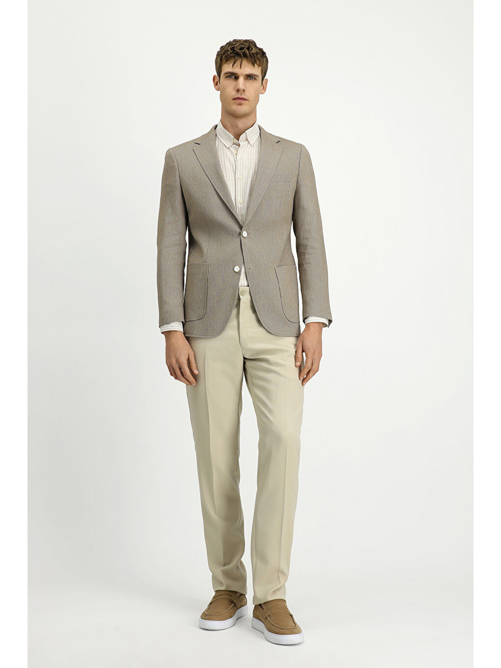 Bej Slim Fit Dar Kesim Keten Karışımlı Çizgili Spor Ceket-1