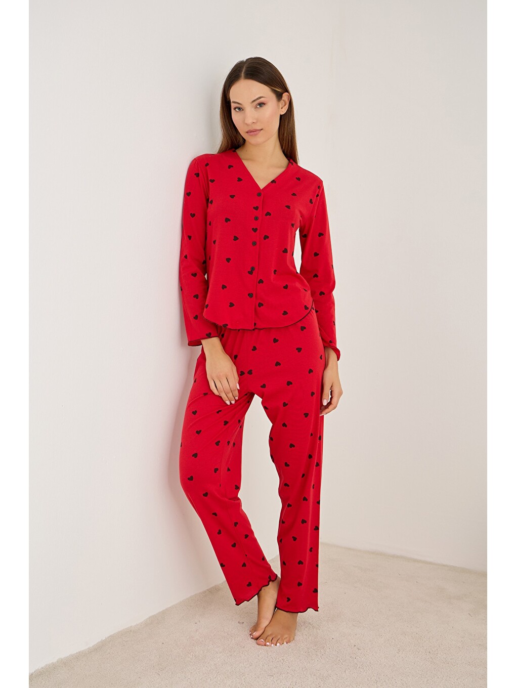 Kırmızı Uzun Kollu Düğmeli Pijama Takım 7936-1