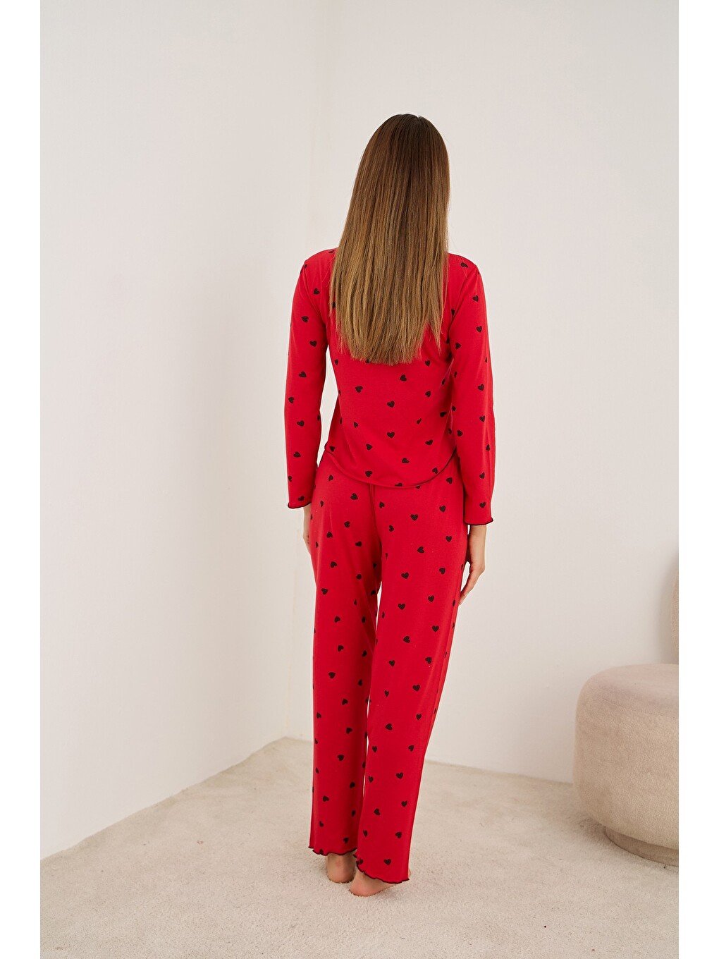 Kırmızı Uzun Kollu Düğmeli Pijama Takım 7936-2
