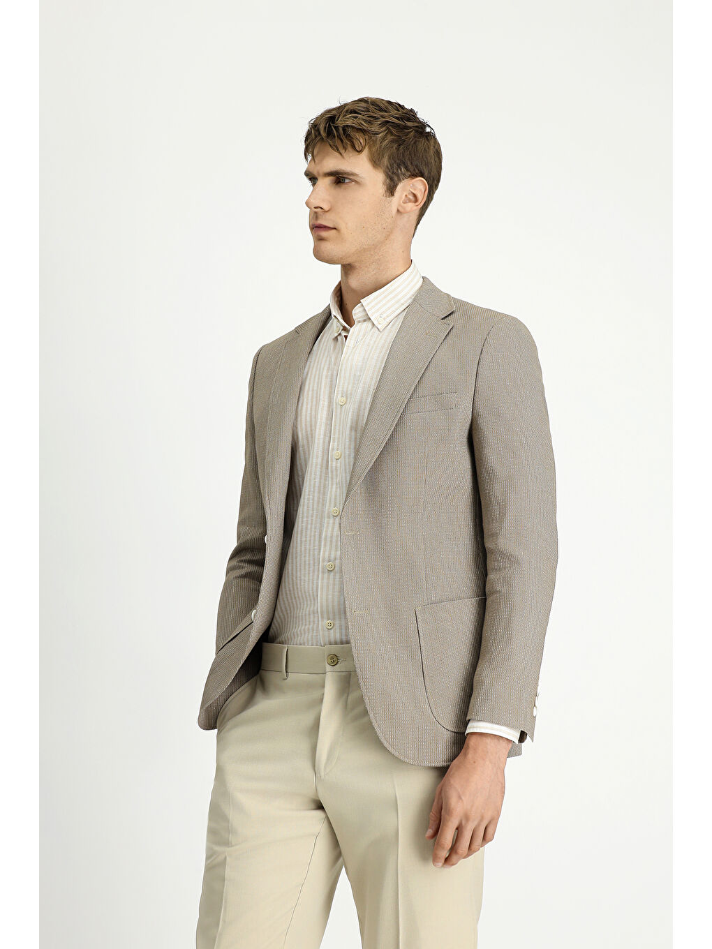 Bej Slim Fit Dar Kesim Keten Karışımlı Çizgili Spor Ceket-2