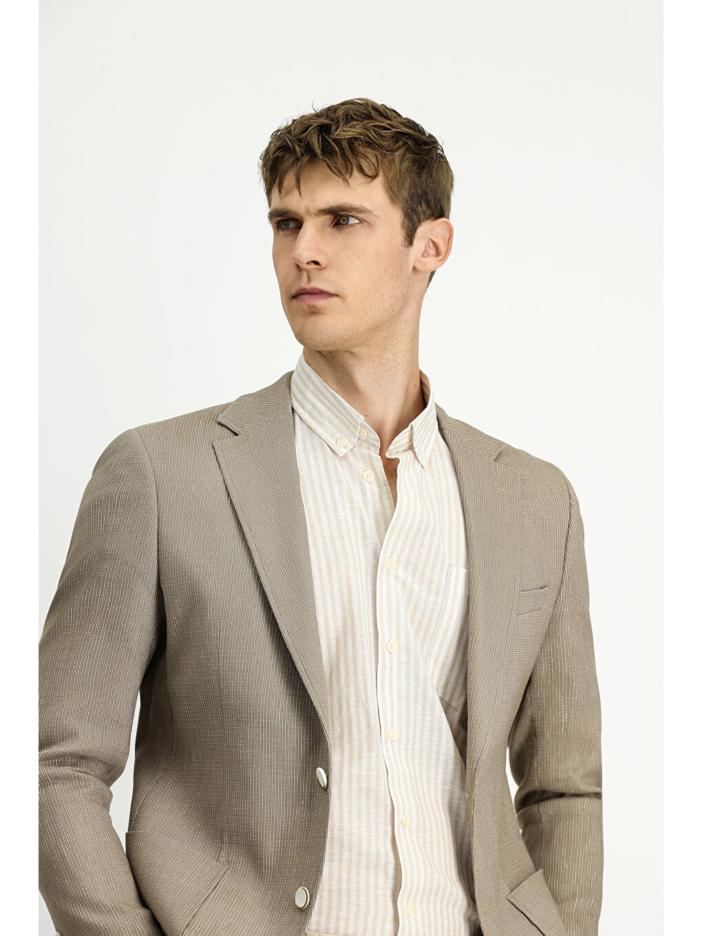 Bej Slim Fit Dar Kesim Keten Karışımlı Çizgili Spor Ceket-3