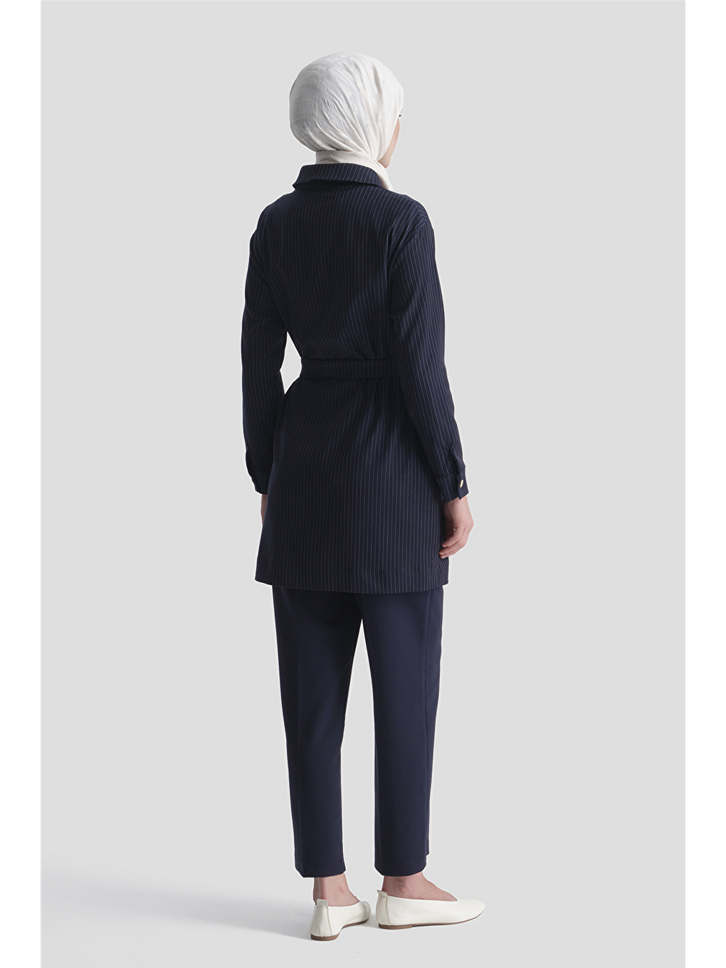 Düğme Detaylı Çizgili Ceket Lacivert-4