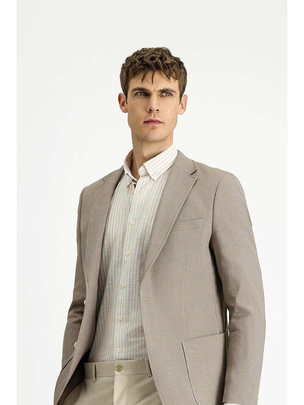 Bej Slim Fit Dar Kesim Keten Karışımlı Çizgili Spor Ceket-4