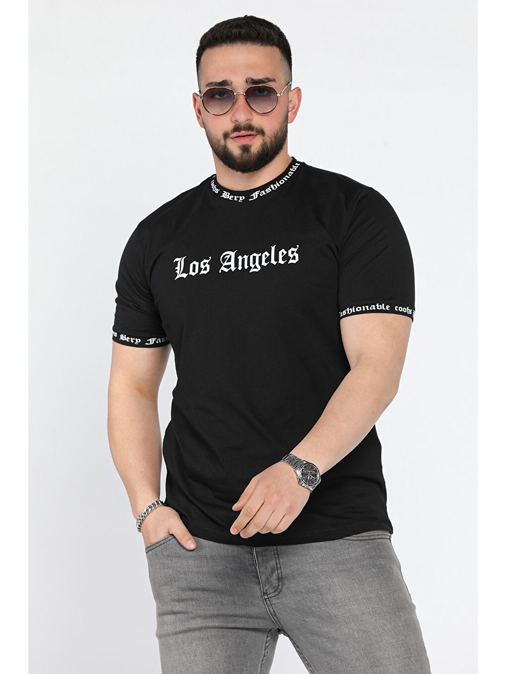 Siyah Erkek Bisiklet Yaka Yazı Baskılı Tişört