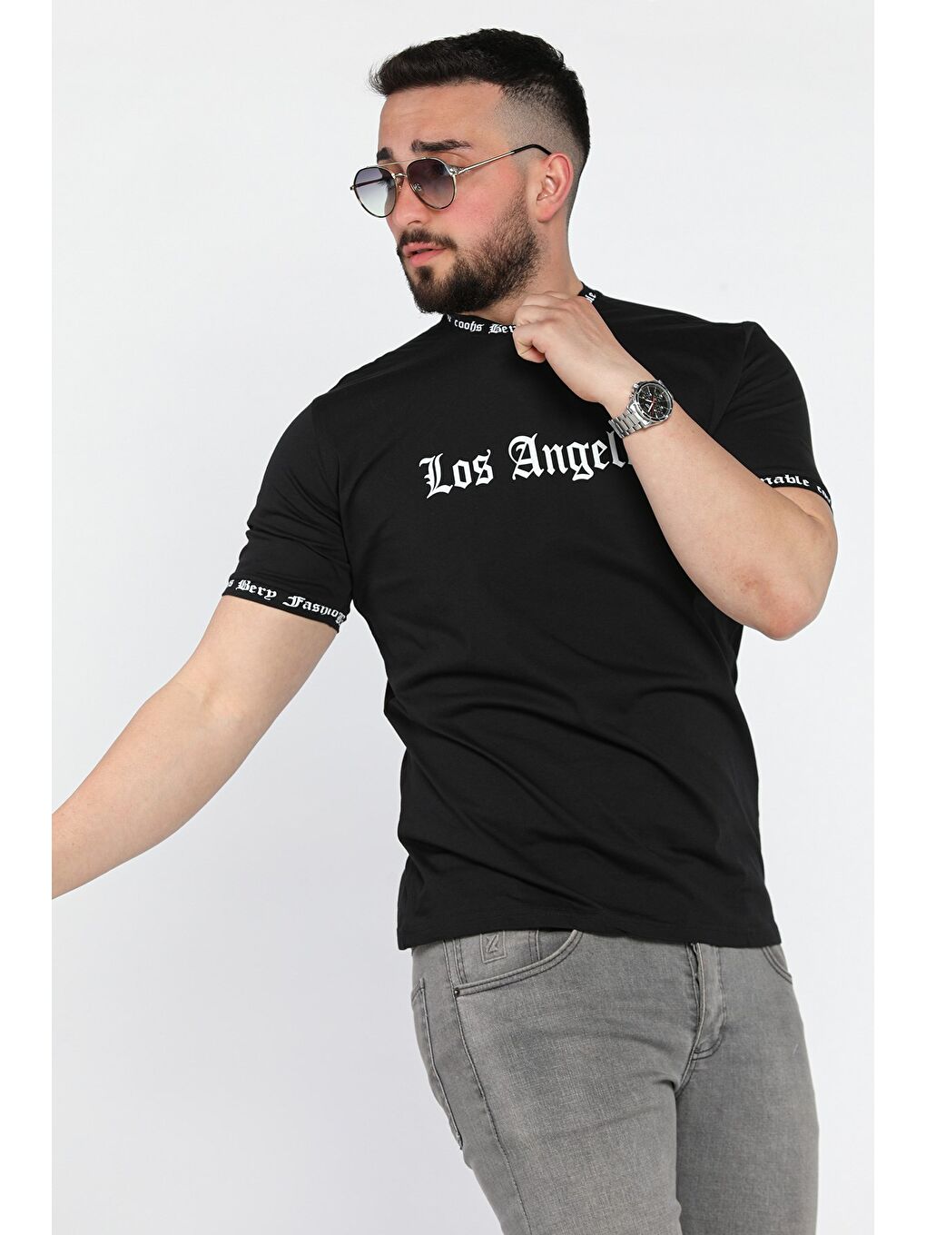 Siyah Erkek Bisiklet Yaka Yazı Baskılı Tişört-1