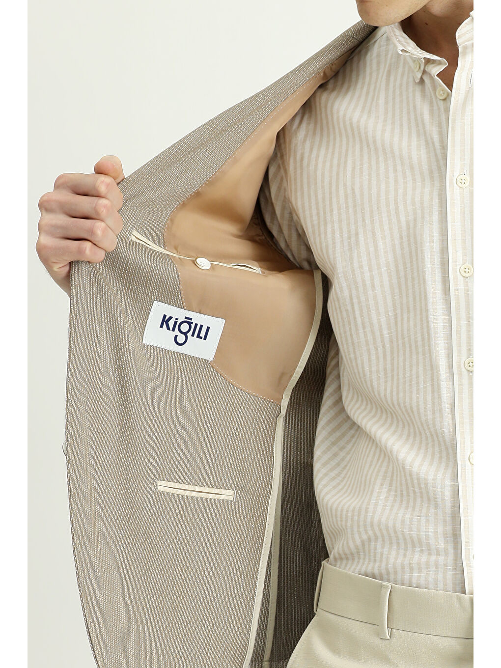 Bej Slim Fit Dar Kesim Keten Karışımlı Çizgili Spor Ceket-6