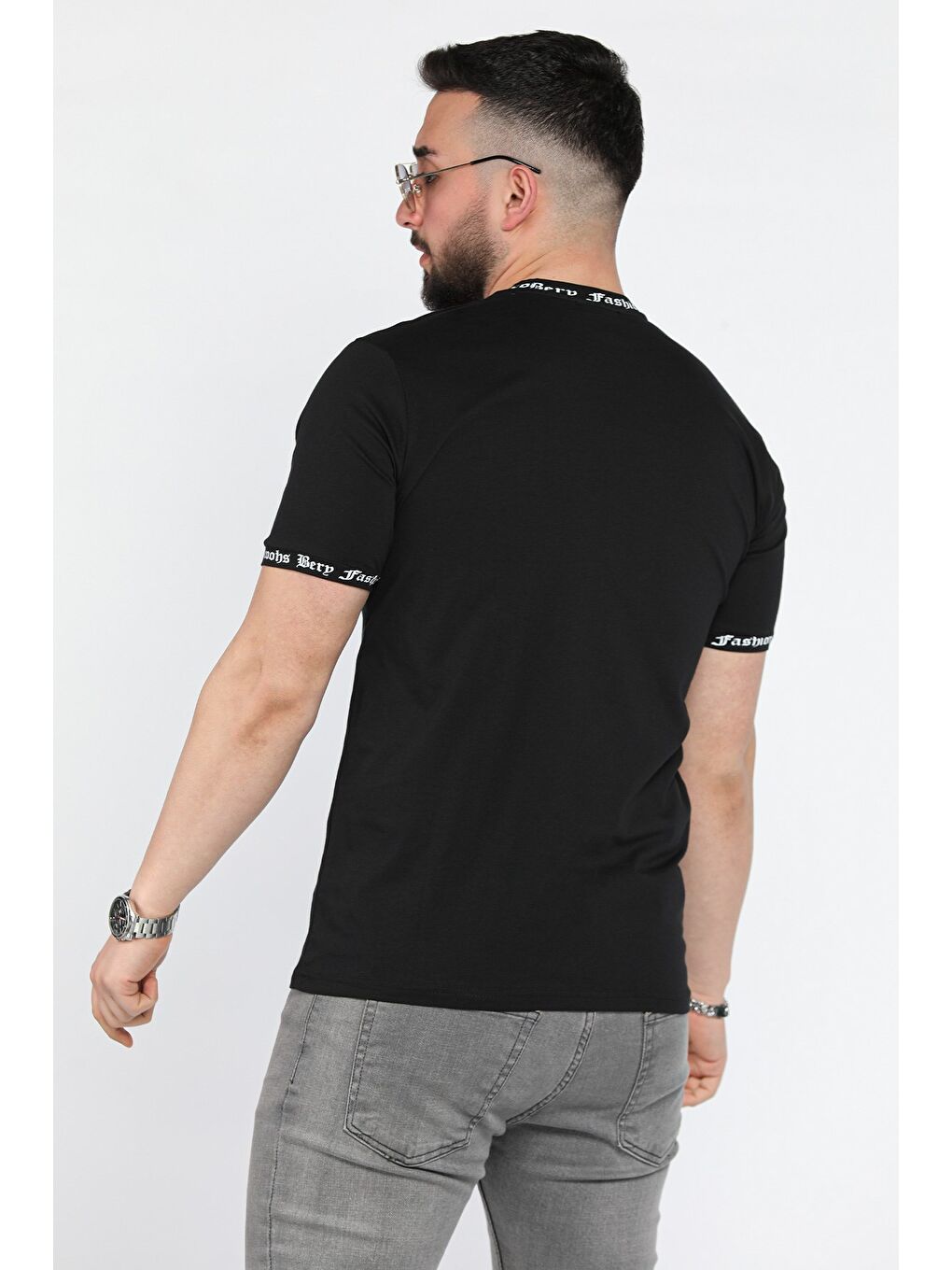 Siyah Erkek Bisiklet Yaka Yazı Baskılı Tişört-2