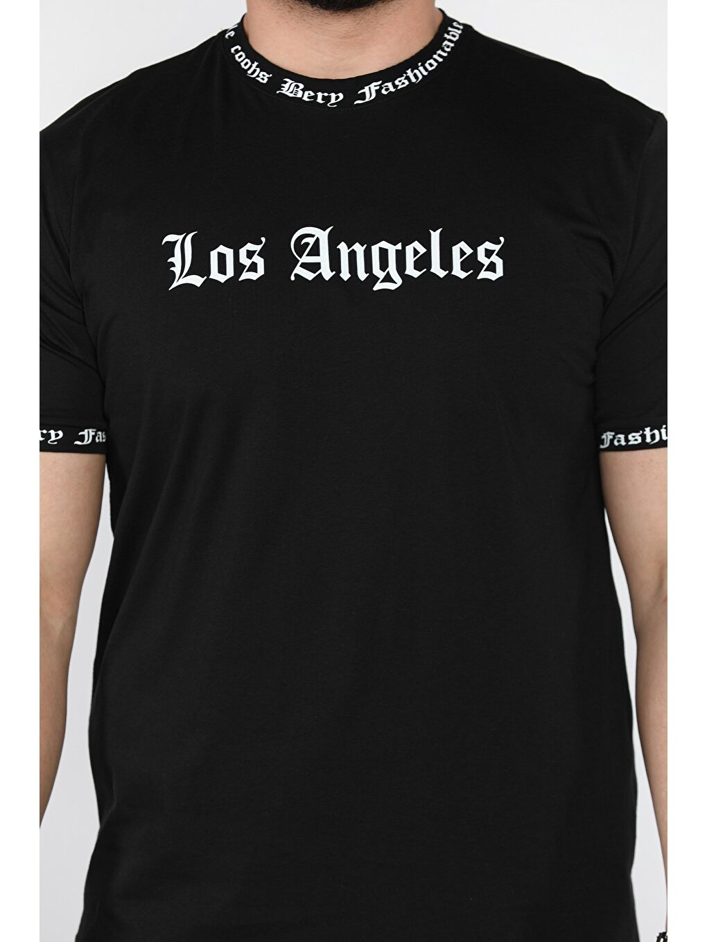 Siyah Erkek Bisiklet Yaka Yazı Baskılı Tişört-3