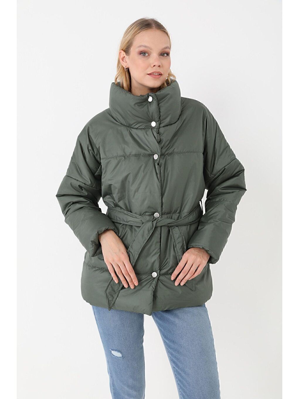 Haki Kadın Dolgulu Astarlı Su Geçirmez Rüzgara Dayanıklı Oversize Bomber Mont Kaban Parka