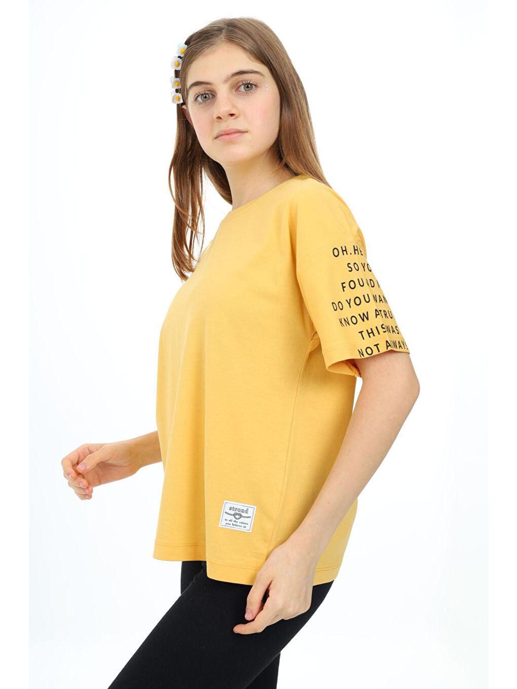 Sarı Hardal Kolları Yazı Baskılı Armalı Kız Çocuk Basic Tişört-2