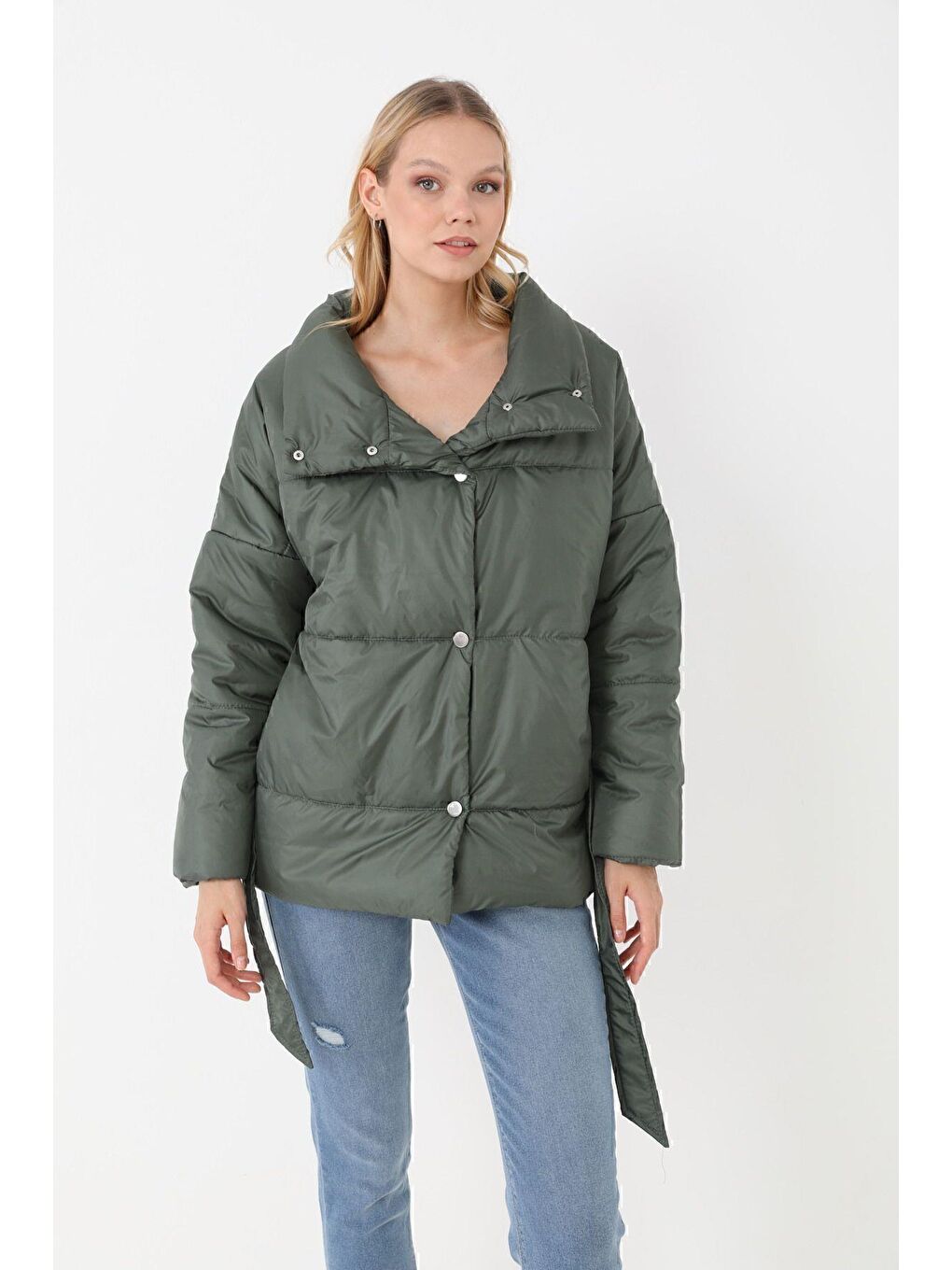 Haki Kadın Dolgulu Astarlı Su Geçirmez Rüzgara Dayanıklı Oversize Bomber Mont Kaban Parka-1