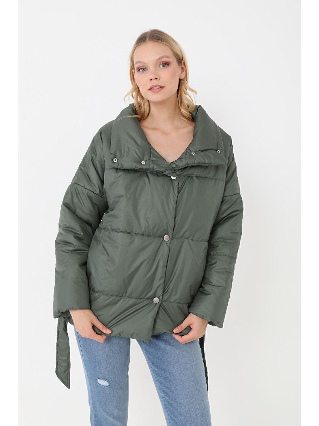 Haki Kadın Dolgulu Astarlı Su Geçirmez Rüzgara Dayanıklı Oversize Bomber Mont Kaban Parka-2