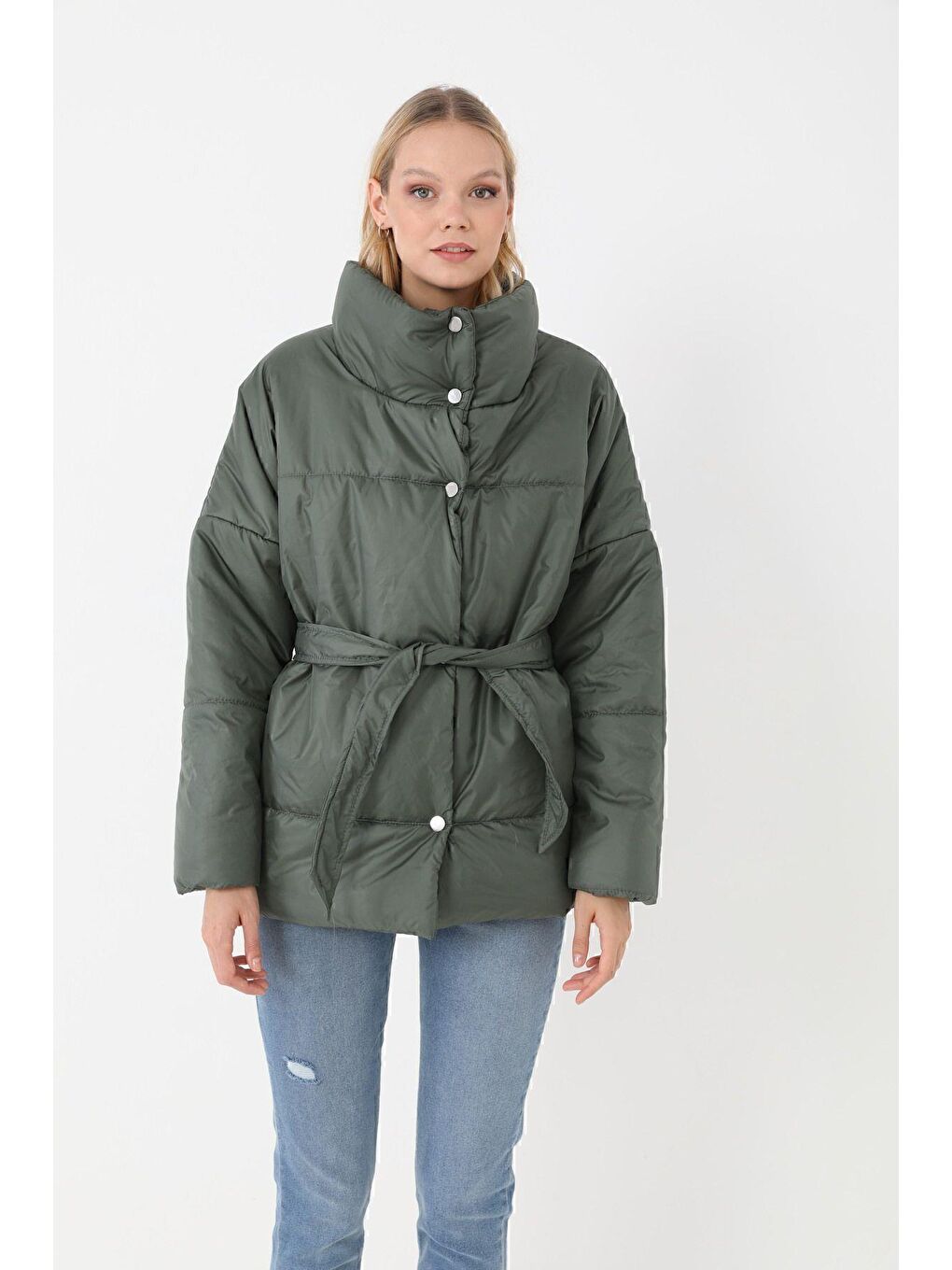 Haki Kadın Dolgulu Astarlı Su Geçirmez Rüzgara Dayanıklı Oversize Bomber Mont Kaban Parka-3