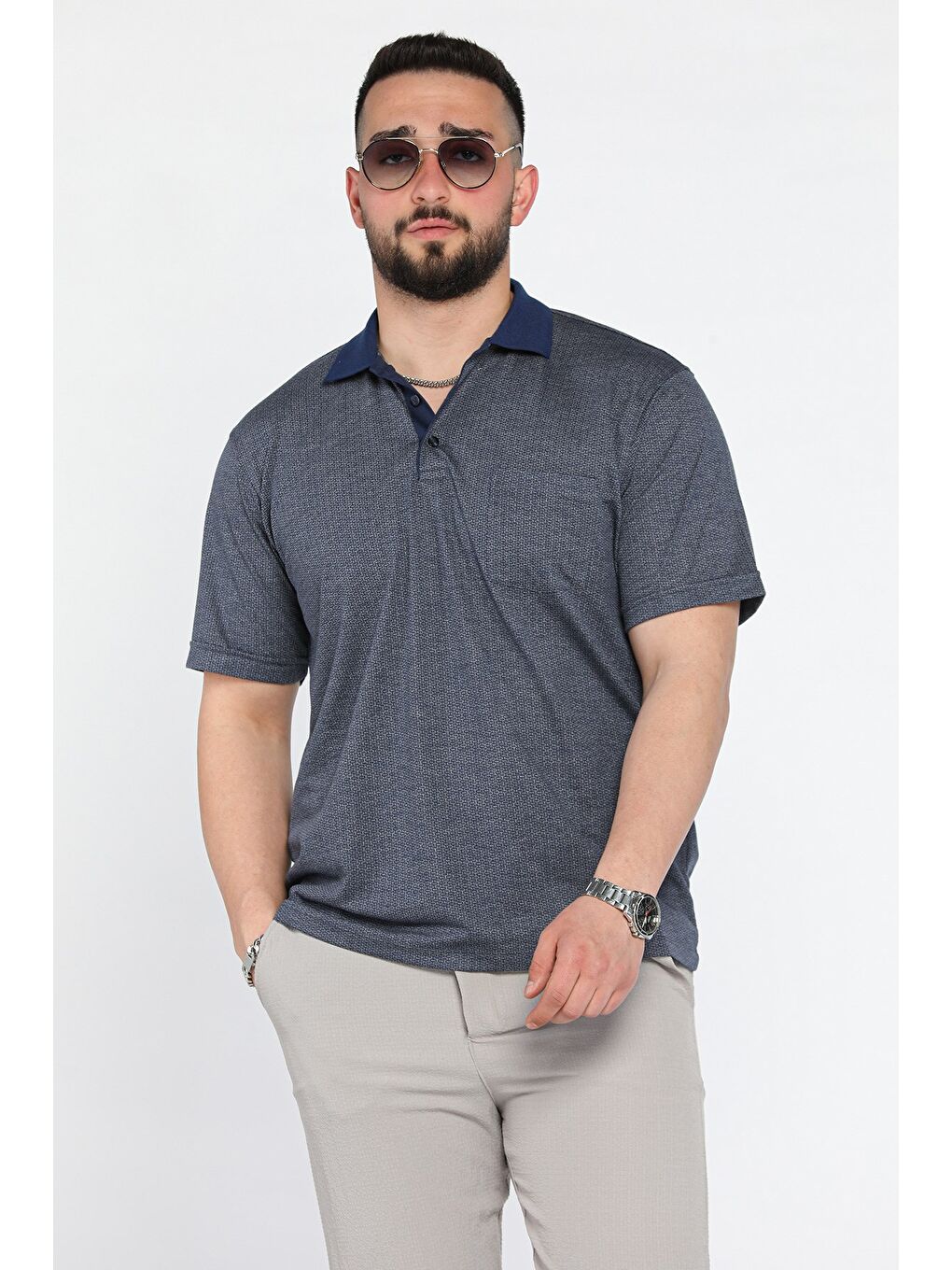 Lacivert Erkek Polo Yaka Tek Cepli Kendinden Desenli Tişört