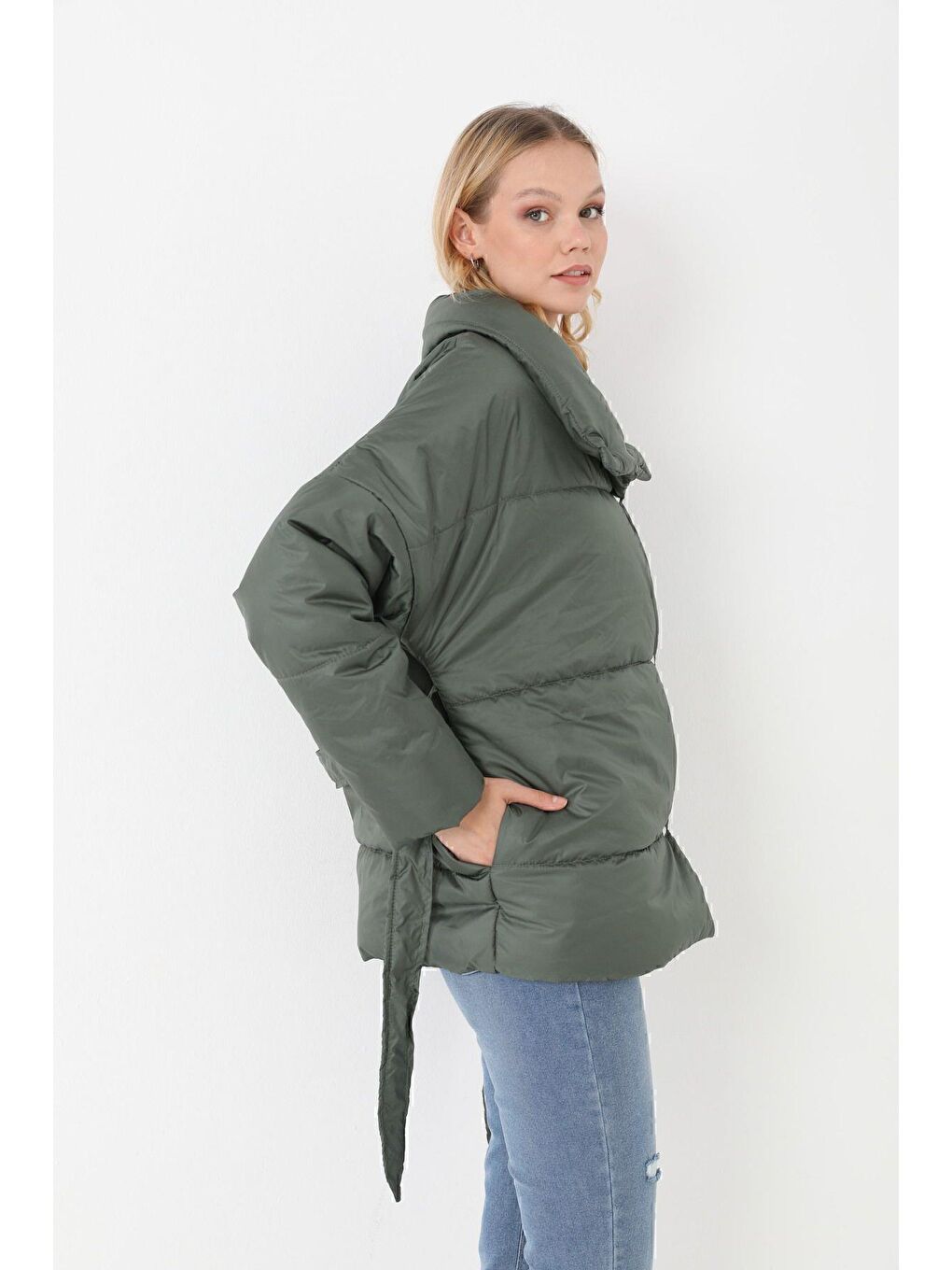 Haki Kadın Dolgulu Astarlı Su Geçirmez Rüzgara Dayanıklı Oversize Bomber Mont Kaban Parka-4