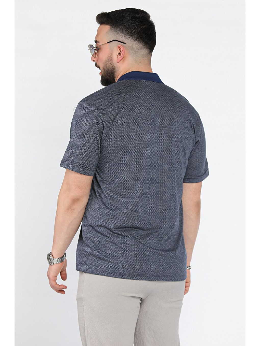 Lacivert Erkek Polo Yaka Tek Cepli Kendinden Desenli Tişört-2