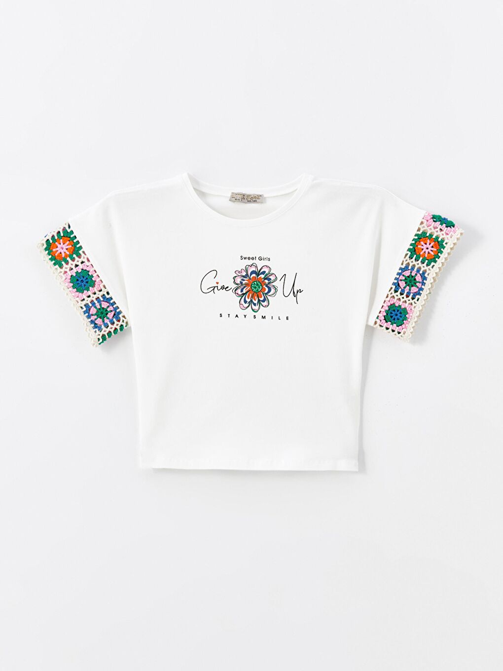 Ekru Kız Çocuk Kolu Triko Dantelli Tişört