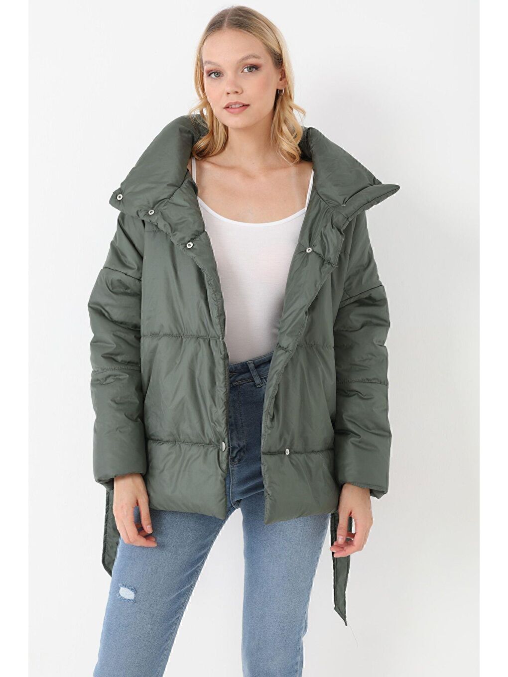 Haki Kadın Dolgulu Astarlı Su Geçirmez Rüzgara Dayanıklı Oversize Bomber Mont Kaban Parka-6