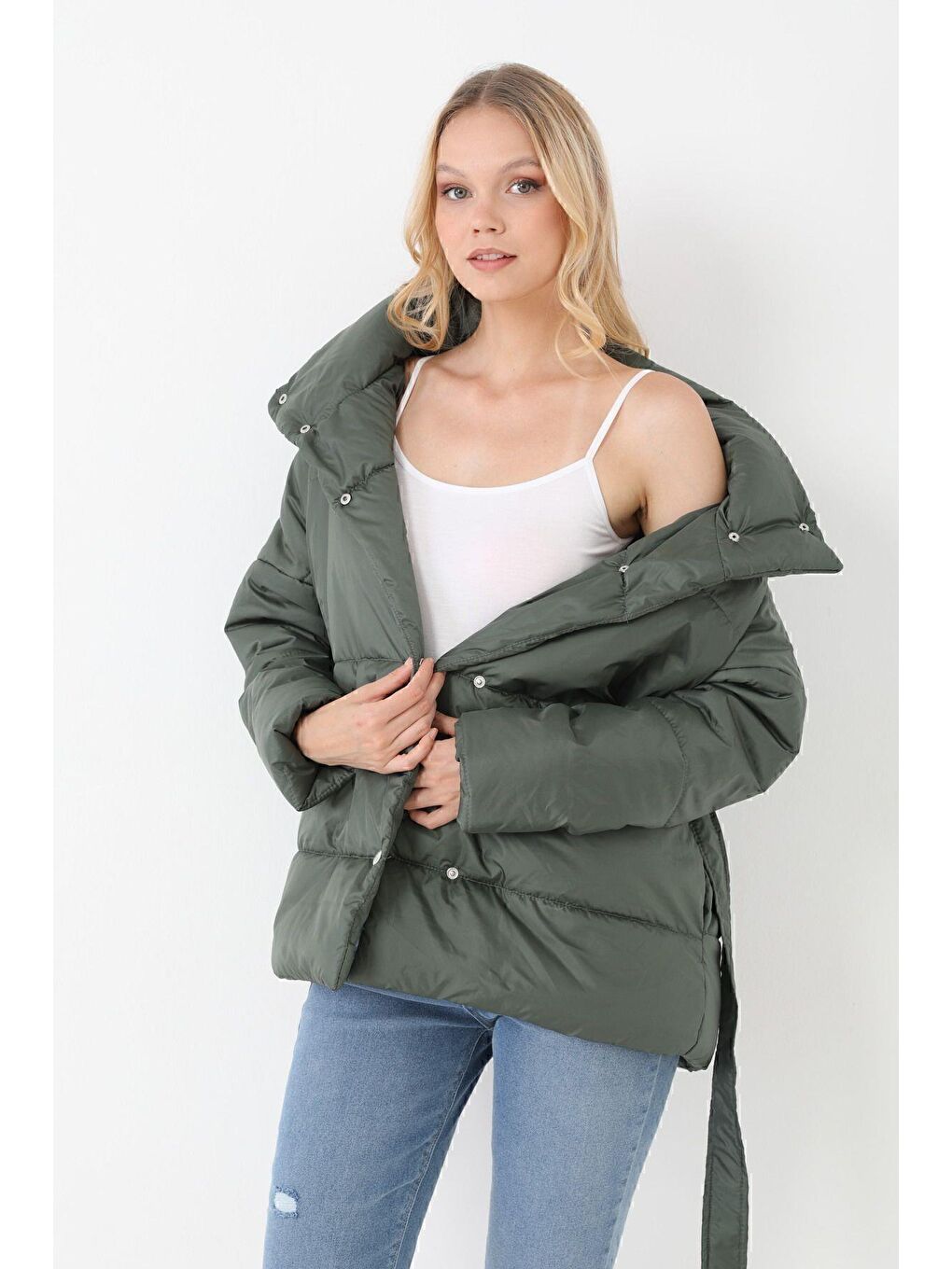 Haki Kadın Dolgulu Astarlı Su Geçirmez Rüzgara Dayanıklı Oversize Bomber Mont Kaban Parka-7