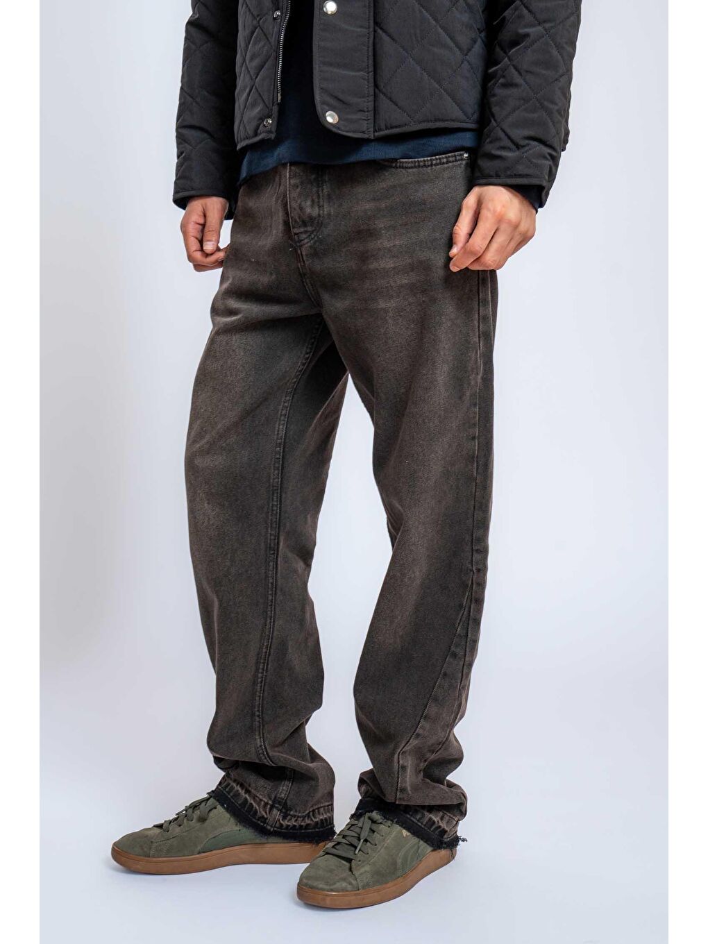 Erkek Baggy Fit Yıkamalı Jean Pantolon Kahverengi-1