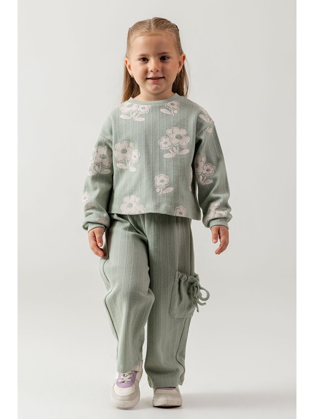 Kız Çocuk Pamuklu Yeşil Çiçek Desenli Takım – Bağcıklı Pantolon-3
