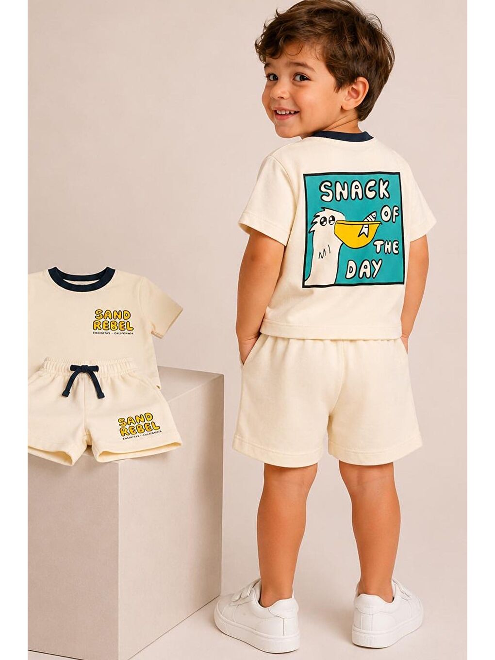 Bej Erkek Çocuk Pamuklu Bisiklet Yaka Baskılı T-Shirt Ve Şort Alt Üst Takım-3