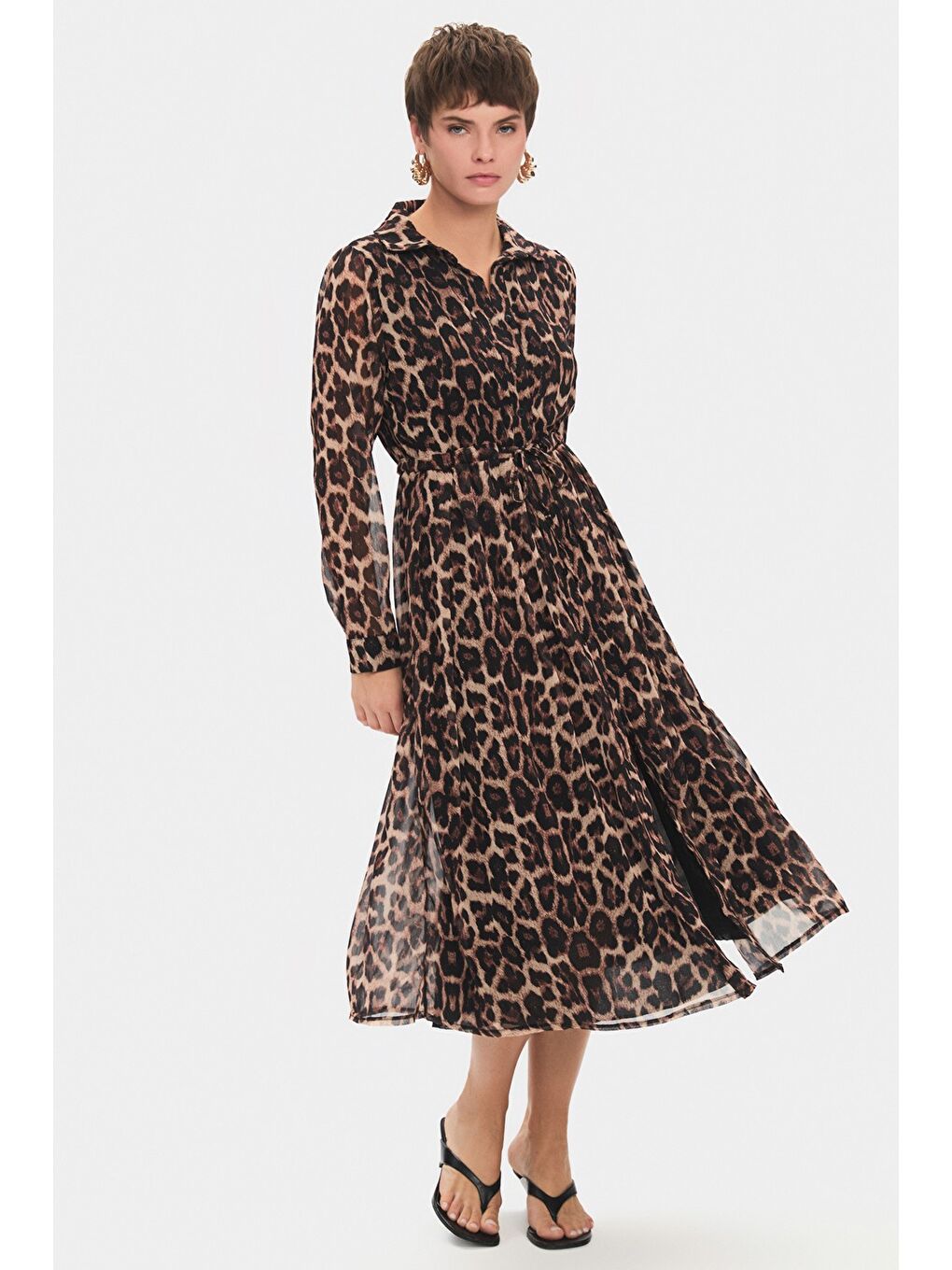 Bej Kadın Gömlek Yaka Leopar Desenli Maxi Elbise