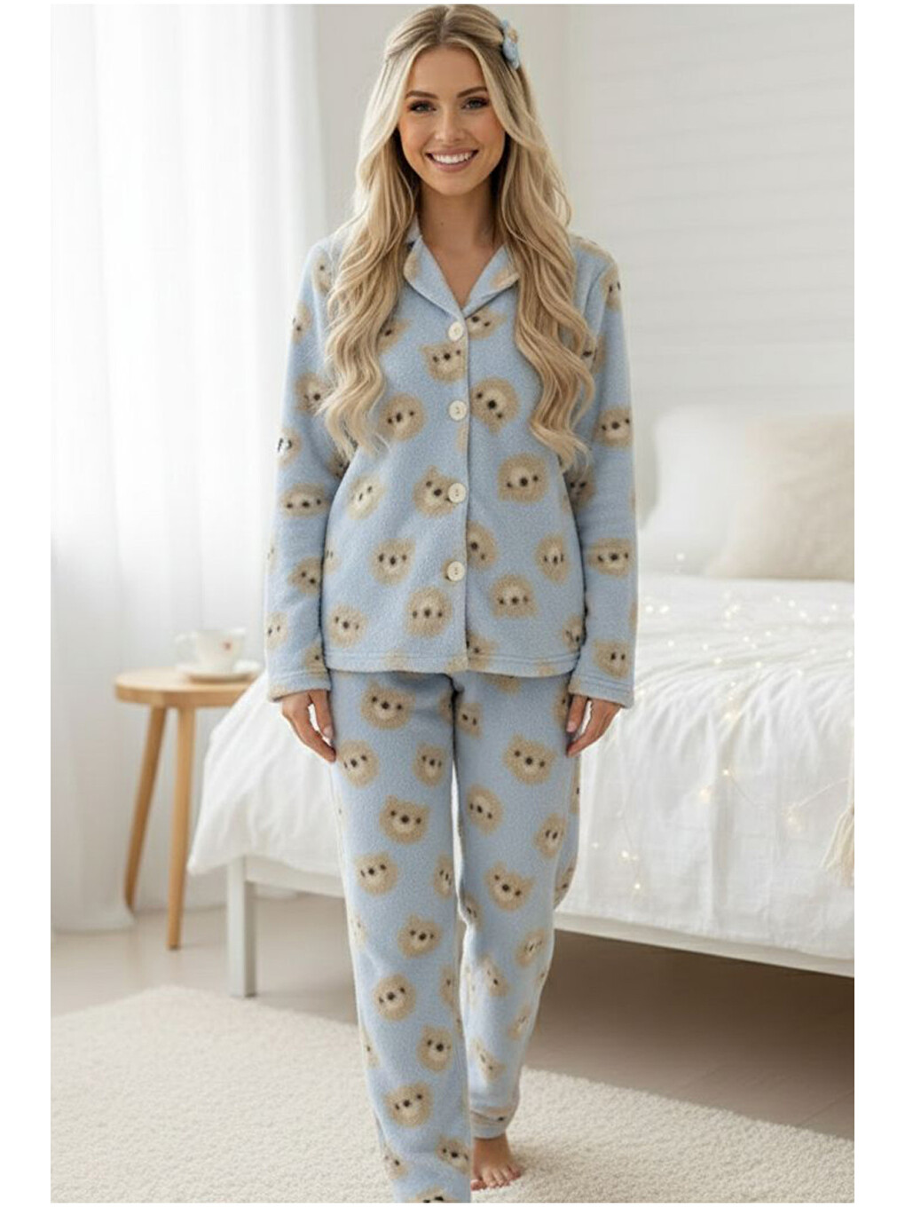 Mavi Ayıcık Desenli Düğmeli Wellsoft Pijama Takım 7922-1